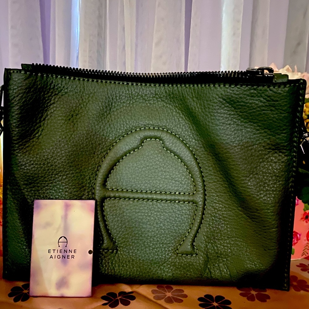 Etienne Aigner leather pebbled handbag, 11x8 triple gusset with silver hardware.